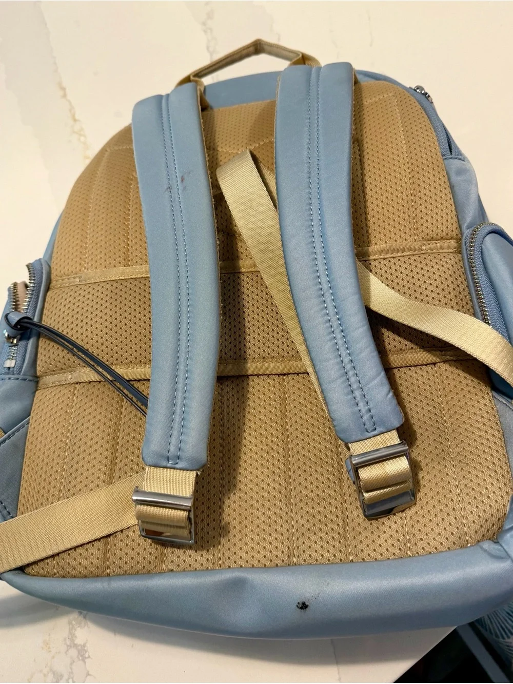 Michael Kors Light Blue Nylon Backpack Travel Laptop Bag. Silver Hardware
